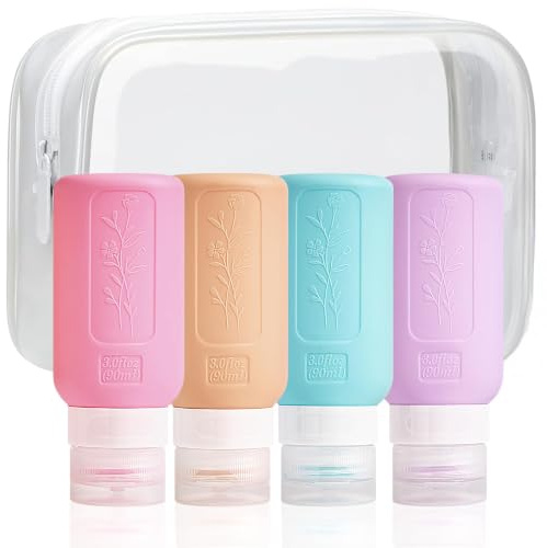 Uervoton reseflaska i silikon, 90 ml BPA-fri läckagesäker påfyllningsbar klämbar behållare set med etikett och transparent bärväska för flytande schampo, tvål och toalettartiklar – 4-pack