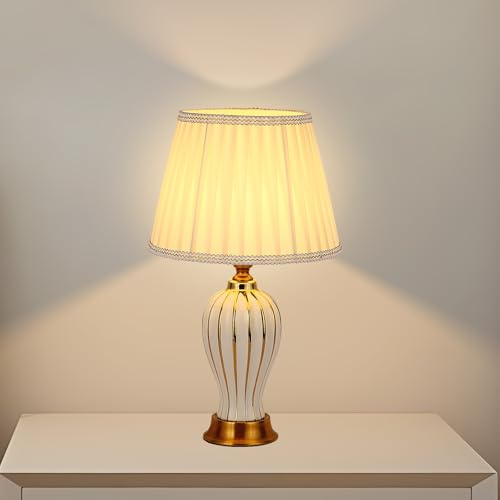 LáMpara De Mesa Moderna E27 LáMpara Nocturna De CeráMica Retro LáMpara De Mesa De Tela Blanca IluminacióN Decorativa De La Sala De Estar Dormitorio Estudio Lectura LáMpara De Cabecera (Blanca)