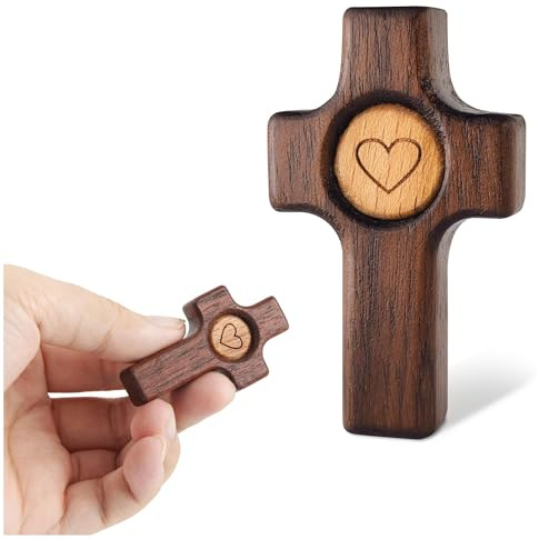 Gifts For Christians 2 Pack Fidget Cross My Heart, Walnut Wooden, Encouragement Gift Stress Relief, Prayer Cross for Hand, Stress Relief Pocket Christian Gifts for Women, Children and Adults