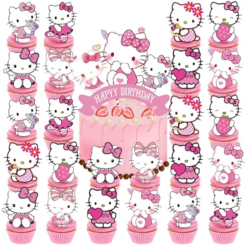 25pcs Cupcake Toppers with 1 Happy Birthday Cake Topper, Cute Anime Hello Pink Cat Themed Party Supplies, Perfect for Birthday Party Decorations (Style A)