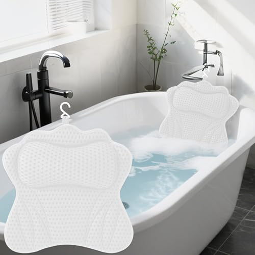 Badkarskudde, badkudde för badkar med 4D-nät, hals och nackkudde badkar, med 6 sugkoppar, stöder huvud, nacke, rygg, badkudde för badkar för hem spa och badkar (vit)
