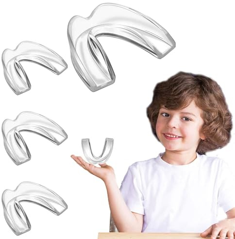 Juego de 4 protectores bucales para chirridos de dientes + protectores bucales – Elimina el bruxismo, el blanqueamiento dental y el deporte – Protector bucal maleable para niños (5-10 años)