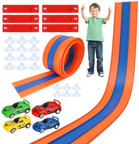 3 omloppsbana 5 meter racerbana, flexibel bilbana motorväg med 4 dra tillbaka leksaksbilar, kompatibel med Diecast 1/64 skala, presenter till unga flickor barn