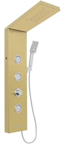 Pannello doccia con rubinetto, colonna doccia con illuminazione a LED, 3 ugelli massaggianti, sistema doccia multifunzione in acciaio inox, doccetta e cascata doccia (oro)