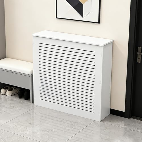 Radiator Cover Cabinet with Top Shelf, 36Lx32Hx10D/90x80x25cm Louvered Grill Style for Old Units, Heater Covers Radiators Flat Panel Front, Decorative Storage for Home Living Room, White