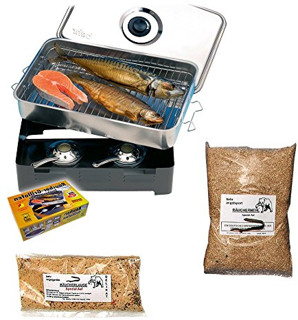 Tischräucherofen Sortiment Räucherofen mit Räuchermehl Räucherlake Räucherzubehör (Räucherofen Set Aal)