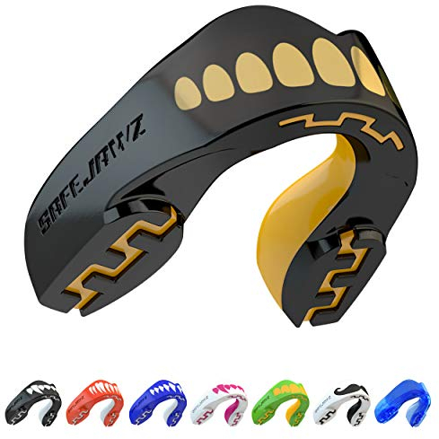 SAFEJAWZ Sport Zahnschutz Erwachsene und Kinder Sport Mundschutz Für alle Vollkontakt-Sportarten einschließlich Rugby, MMA, Kampfsport, Kickboxen, Judo, Hockey & Boxe (Goldie, Bis Zu 11 Jahre)