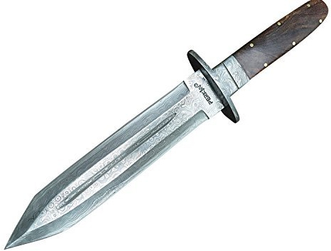 Damaskkniv, jaktkniv, fast med slide, damaskstål, full tang