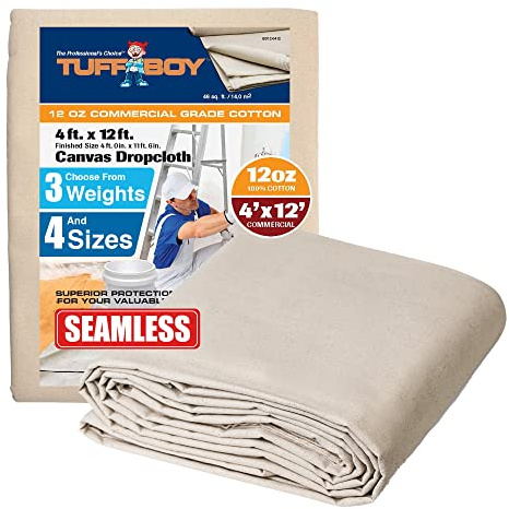 TUFFBOY 12oz All Purpose Canvas Drop Cloth 4x12ft – Commercial-Grade Heavy Duty Cotton Canvas Tarp Cover – Seamless, Washable & Reusable Painters Drop Cloth for Painting, Furniture & Floor Protection