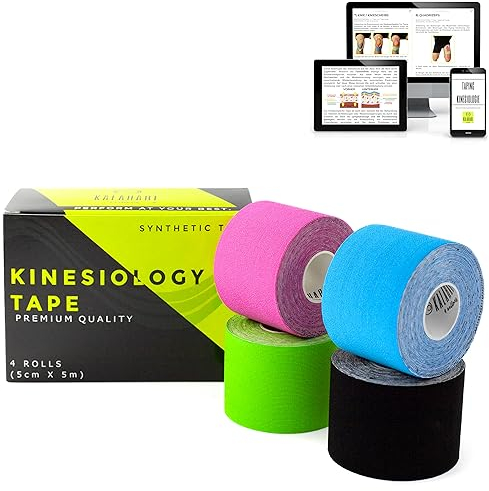 KALAHARI 4 x Rollen Kinesiologie Tape mit e-Book Anleitung auf Deutsch – Wasserdicht Kinesiology Tape für bessere Haftbarkeit und Undurchlässigkeit gegenüber Wasser und Schweiß – Kinesio (5cm x 5m)