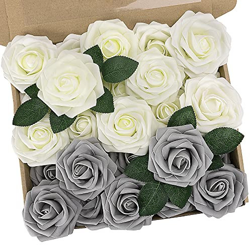 N&T NIETING Artificial Flowers Roses, 25pcs Real Touch Fake Foam Roses with Stems for Wedding Bridal Bouquets, Valentine's Day, Mother's Day, Baby Shower, Home Decoration, Ivory & Grey