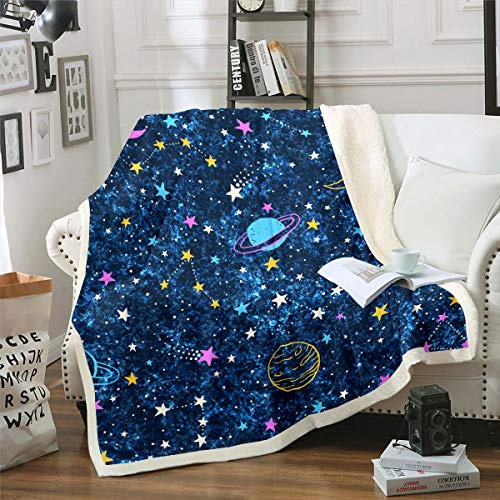 Loussiesd 3D Galaxy for Kids Boys - Outer Space Theme Fleece Throw With Cartoon Planets Stars - Universe Starry Sky Fuzzy Plush for Sofa Bed Couch - Single 50x60 Inch