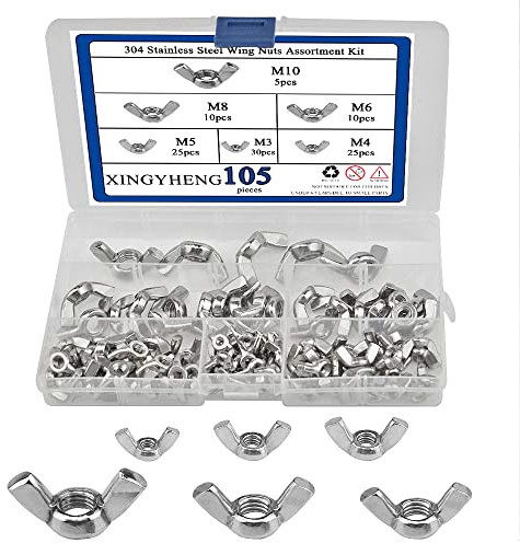 BGTXINGI 105Pcs 6 Kinds 304 Stainless Steel Wing Nuts M3 M4 M5 M6 M8 M10 Butterfly Wing Nuts Anti-Slip Anti-Loose Assortment Kit