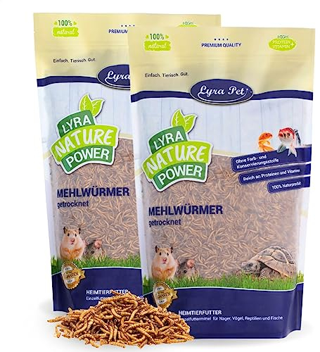 Lyra Pet® | 2 x 1 kg Mehlwürmer getrocknet | Proteinreiches Vogelfutter | Für Wildvögel, Nager, Reptilien & Fische | Nahrhaftes Futter | Energiespender für Insektenfresser | Vitamine & Mineralstoffe
