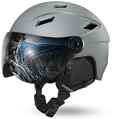 Odoland Casco da Sci Integrale con Visiera, Casco Sportivo per Uomo e Donne, Casco da Snowboard con Maschera UV 400 Proteczione e Antivento, Casco per Sport Invernali, Grigio, S