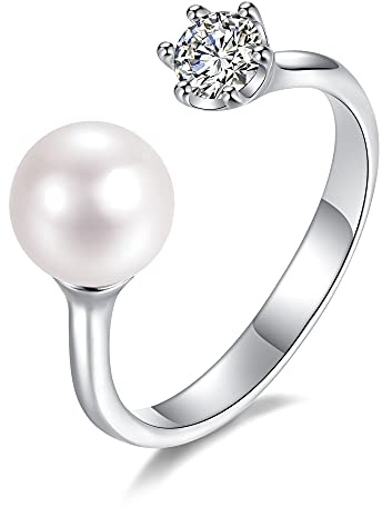 LUCKMORA Anillo de Perlas Cultivada en Plata de Ley 925 con Circonitas Ajustable en Tamaño Anillo de Perlas de Agua Dulce de Cultivo para Mujer (1D)