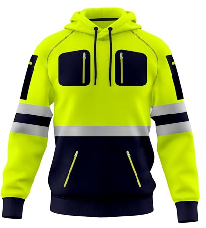 TORO ACTIVA - Sudadera con capucha de alta visibilidad para hombre, reflectante, con cinta reflectante, alta visibilidad, con múltiples bolsillos con cremallera, S-2XL, XXL