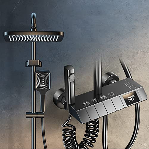 Columna Ducha con Grifo, Columna Ducha Termostatica, sistema de ducha con llave de piano, ducha de lluvia con pantalla digital de mano Grifo de ducha de cascada de latón con rociador(Color:Black)