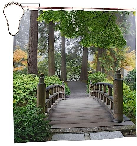 SATOHA Shower Curtain Garden Bridge Scene Waterproof Moistureproof Trees Outdoor Landscape Bathroom Bath Curtains Decoration 183x183cm