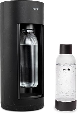 Mysoda: Stilvoller Glassy Wassersprudler aus Holzkomposit und Aluminium (ohne CO2-Zylinder) mit 1-Liter-Glasflasche & BPA-freier 1-Liter-Plastikflasche - Schwarz