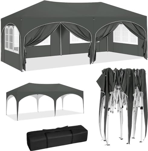 BukkitBow - Tenda doppia per feste con pareti laterali - Tenda pieghevole - Impermeabile e Resistente alle intemperie – Padiglione da giardino con doppia finitura - 600 x 300 cm - Grigio