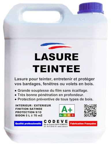Lasure Teintee - Codeve Bois/Chêne foncé - 5L - Intérieur/extérieur - Pour La Protection D'un Chalet, Abri, Cabane, Coffre Ou Balcon En Bois.