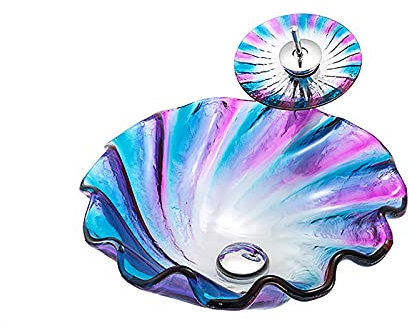 TEmkin Lavandino da Bagno Lavandino da Bagno in Vetro temperato Artistico Lavabo da appoggio a Forma di Conchiglia Lavandino da appoggio con Rubinetto a Cascata e Scarico Pop-up Combinato (Blu Rosa)