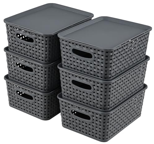 Nihenok Set of 6 Plastic Storage Baskets with Handle and Lids, Stackable Storage Containers Bins Boxes for Shelf, Kitchen, Bathroom, Office, Grey