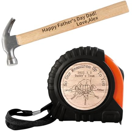 ALICESER Set di misurini a nastro personalizzati per papà, nessuno misura fino a te papà, martello con manico in legno con incisione personalizzata, set di strumenti per compleanno e festa del papà,
