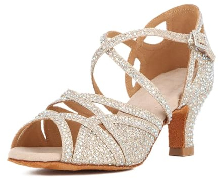 Syrads Femmes Strass Chaussures De Danse Salle De Bal Latin Salsa Dansant Talons Chaussures Peep Toe Cross Strap Femmes,Or 6cm Heel,36 EU