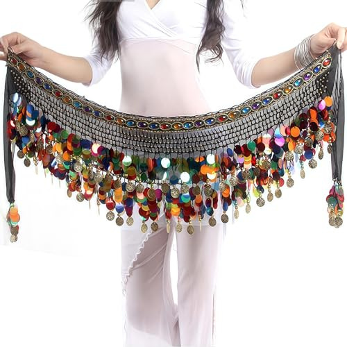 Baisdan - Cintura e Gonna Avvolgente per Danza del Ventre Con Monete d'oro di Paillettes Scintillanti per Spettacoli, Lezione di Yoga Gemma, Nero Colorato