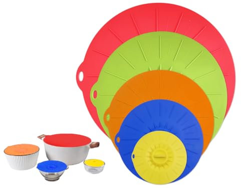 Hitopin 5 Piezas Tapa de Ollas Microondas Elásticas Set, Tapas de Silicona,Tapa Microondas Elásticas, Tapas con Ventosa Silicona para Alimentos, para Cuencos, Sartenes, Platos, Tazas