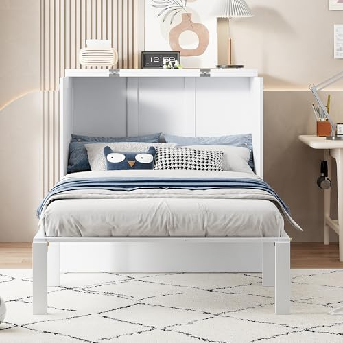 NNJN Schrankbett 90x200 cm, Wandbett mit Lattenrost, Wandklappbett, vertikales Schrankbett mit Lattenrost, Jugendbett (weiß)