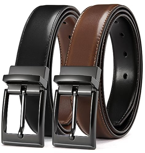 CHAOREN Mens Belt Leather 1 Piece, Reversible Belt for Men 1 1/4 for Suit | 1 Belt 2 Colours, Cut-to-Fit, Rotating Buckle, Reversible Leather, Business Trousers & Dress Wear, Gift Box, Comfortable Fit