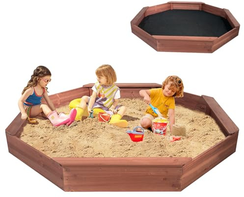 Wooden Octagonal Sandbox with Cover, Outdoor Sandpit with 4 Bench Seats, Sand Box for Children, Beach for Backyard, Patio, Garden，red