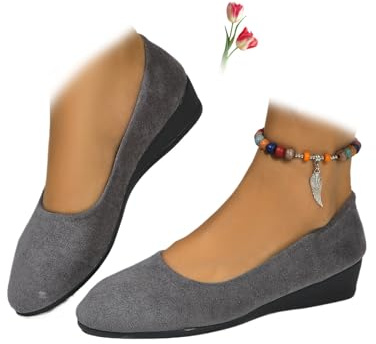 Zapatos de cuero ligeros para mujer, cómodos, con soporte de arco, de cuña, sin cordones, de tacón bajo, para el trabajo, bailarina, mocasines, gris, 37 EU