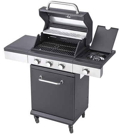 BBQ Kingdom 3+1 Burner Gas BBQ Grill with Side Burner, Stainless Steel, Side Table, Warming Rack, Storage Cabinet, Removable Grease Tray, Matte Black, Wheeled, Cover and Adaptor, Garden Barbecue