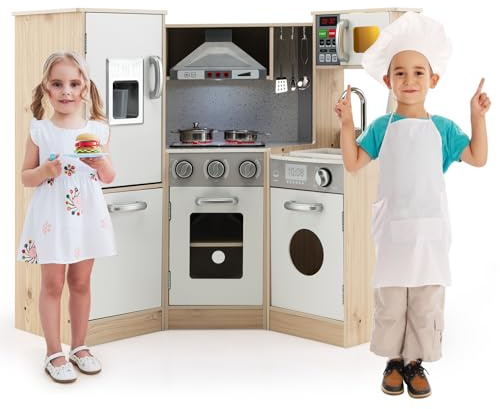 GLACER Kids Kitchen Playset, 9 in 1 Wooden Toy Food Kitchen Set w/Ice Maker, Washing Machine, Light & Sound, Microwave, Storage Box, Phone, Pretend Play Kitchen for Toddlers