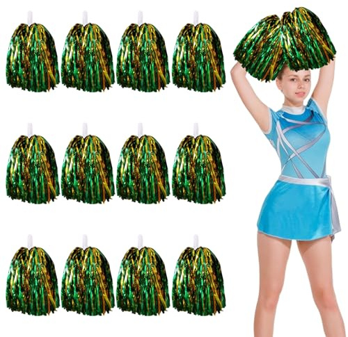 12pcs Cheerleading Pom Poms with Handle Cheerleader Pompoms Metallic Foil Pom Poms Cheerleader Outfit Accessories for Sports Team Spirit Cheering Party Dance Night Party (Gold Green)