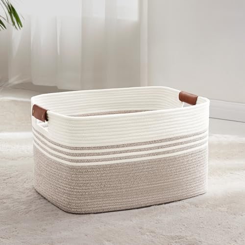 Grande cesto per biancheria intrecciato in corda di cotone, 60L, con manici in cuoio, per coperte, vestiti, giocattoli, per lavanderia, camera bambini o soggiorno, 53x38x29 cm, bianco e marrone