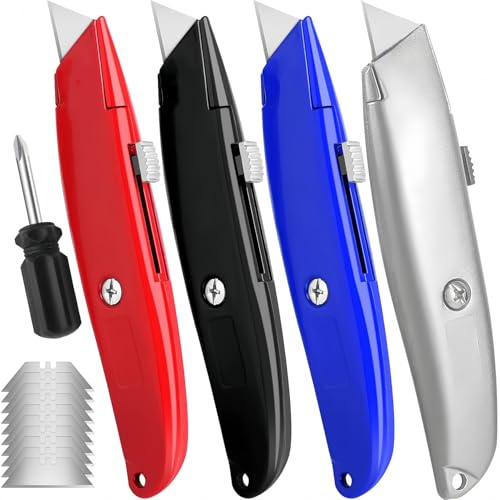 Utility Knives with 10 Extra SK5 Blades,Box Cutter,Package Box Opener,Multi Tool with a Screwdriver(red, Black, Blue,Silver) for Cardboard, Warehouse, Packaging, for Slitting Bubble Wrap