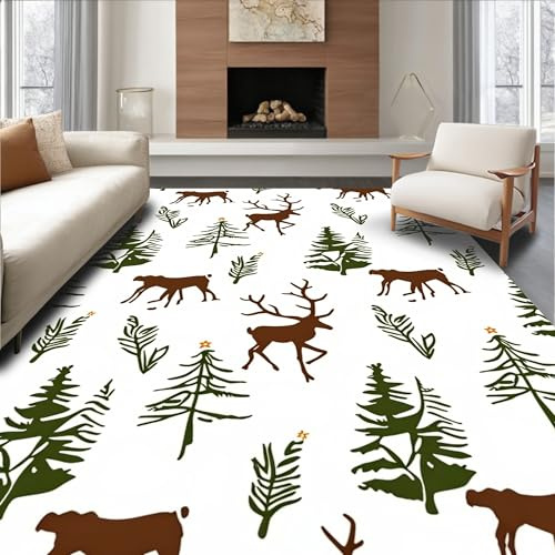 Low Pile Flatwoven Area Rug 5x7, Enchanted Reindeer Forest Punch Art Kit with Magical Woodland Motifs, Machine Washable, Stain Resistant Indoor Rug for Living Room, Bedroom, Non Slip(Brown, 5x7, Pad)