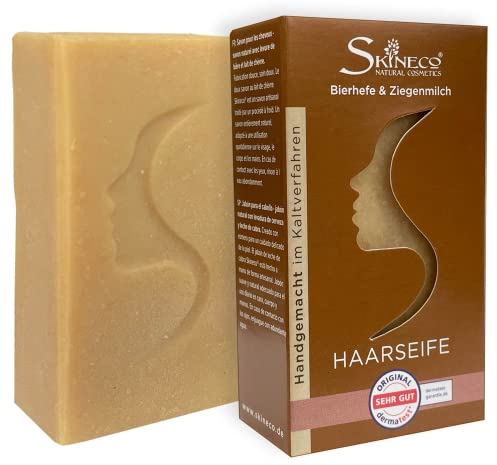 Skineco Haarseife | nachhaltige Ziegenmilchseife mit Bierhefe | handgemachte Naturkosmetik | festes Shampoo | sanfte Reinigung für empfindliche Kopfhaut | Seife für Haare | silikonfrei | Duschgel