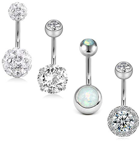 FECTAS Pack of 4 Belly Button Ring Set Stainless Steel 14 Gauge Navel Barbell 10mm Bars Piercing Jewellery