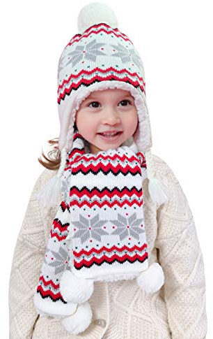 Niña Invierno Gorro Bufanda 2 Piezas Set Forro Polar 4-8 Años Niños Bebé Dulce y Encantador Pom Pom Térmico con Orejeras Bufanda de Punto Copo de Nieve Blanco, Circunferencia de la Cabeza 52-54cm XXL