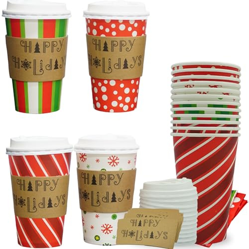 4E's Novelty Christmas Paper Cups Disposable 16 oz with Lids - 12 Pack Holiday Coffee Cups, Sleeves & Napkins for Hot Cocoa Bar, Christmas Cups with Lids for Party Supplies