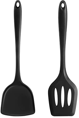 FUKTSYSM Silicone Spatula - 2Pcs Heat Resistant Slotted Spatula Set Kitchen Utensils Turner, High Heat Resistant Non Stick Flexible Large Black Silicone Spatula for Nonstick Heat Resistant Cookware