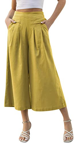 Onsoyours Pantalons Femme Fluide Large Grande Taille Eté Décontractée Pantacourt 7/8 Taille Élastique Jupe-Culotte Fluide Pantalon Ample Léger Chic avec Poches Sport Yoga A Jaune L