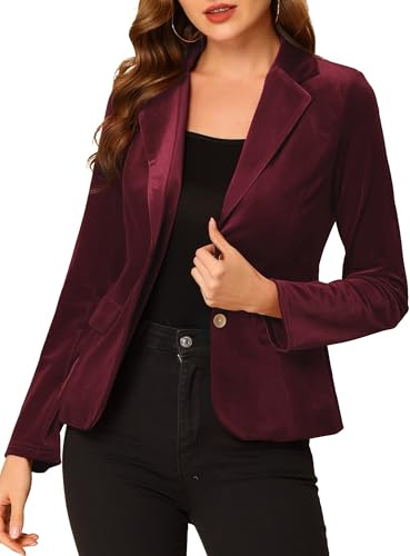 Allegra K Damen Weihnachts-Samt-Blazer, Vintage, gekerbtes Revers, Knopfleiste vorne, Arbeitsanzugjacke, dunkelrot, L