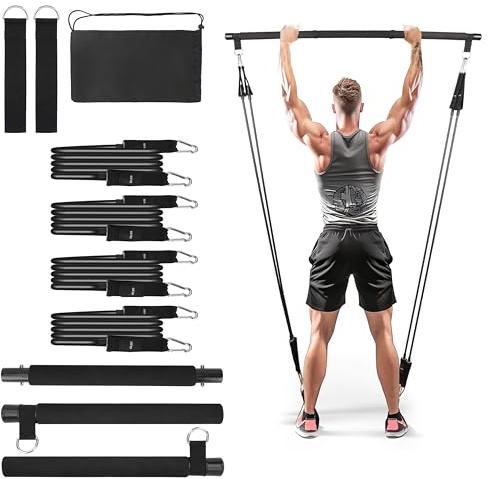 Belle Vous Attrezzi per Pilates Workout - con 4 Elastici da Allenamento - Set Trazioni alla Sbarra - Barra Ginnastica - Palestra in Casa - Uomo e Donna - Yoga Stretching e Fitness